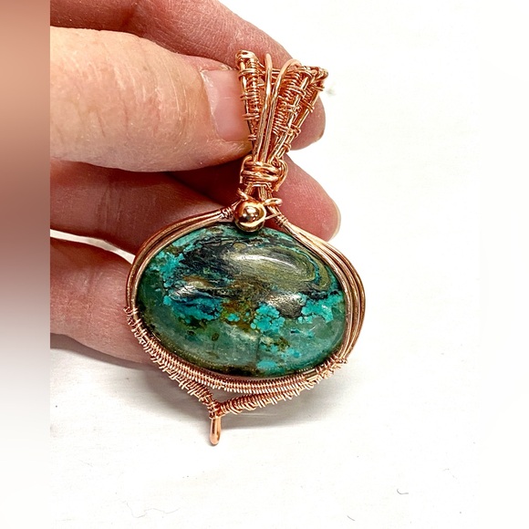 HANDCRAFTED Hubei Turquoise Hand Wrapped Pure Copper Statement Pendant, Gift Her - Picture 3 of 10